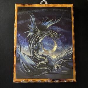 "The Moon Dragon" 6"x9" Dufex Foil Print On Wood Vintage Framing Fantasy